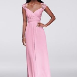 David's Bridal Tickled Pink gown with cap sleeves